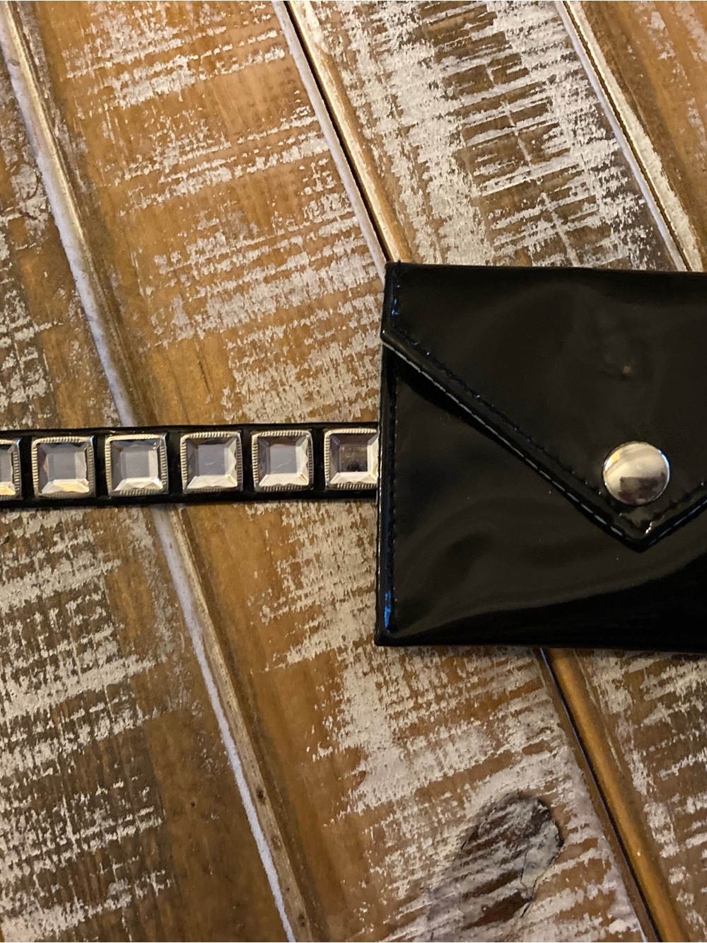 Black Patent Envelope Belt Bag with Studded Strap
